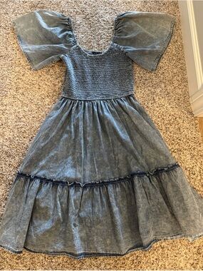 Denim-Effect Smocked Midi Dress - Blue